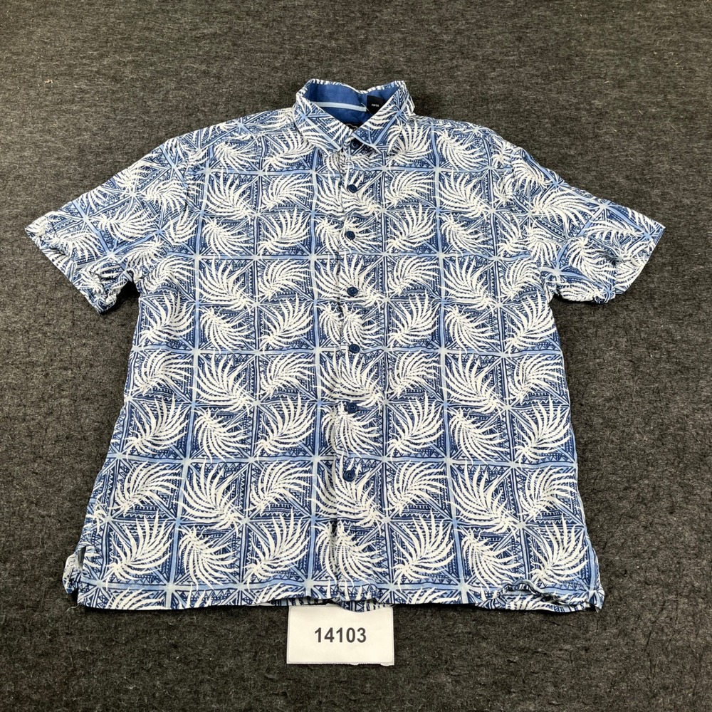 Nat Nast Luxury Originals Shirt Mens Medium Blue Palm Leaf Cotton Short Sleeve